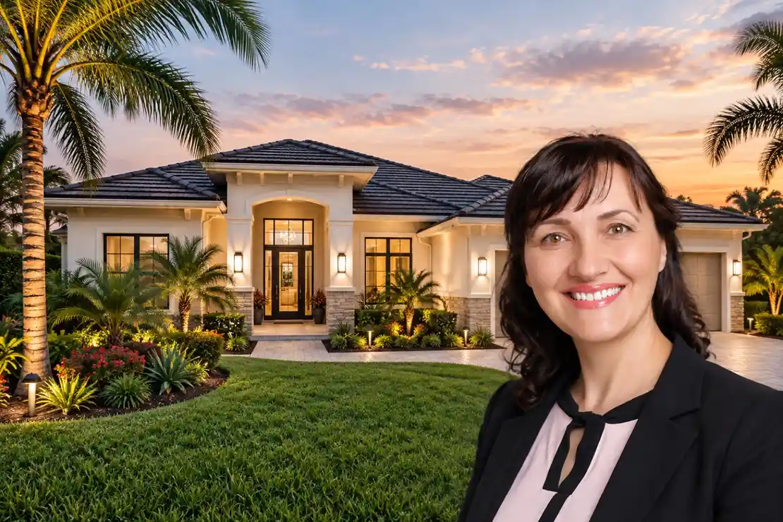 Olga Lypyak smiling in front of a Florida home at sunset